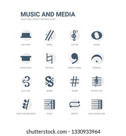 simple set of icons such as bold double bar line, repeat, stave, thirty second note rest, octave clef, sharp, segno, alto clef, fermata, breath mark. related music and media icons collection.