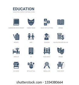 simple set of icons such as book shop, medallion, intellectual, eco book, drama, book shelf, as, wake up, calculator and dollar, scholar. related education icons collection. editable 64x64 pixel