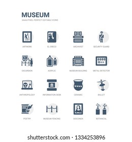 simple set of icons such as botanical, gioconda, museum fencing, poetry, ballet, ceramic, information desk, anthropology, metal detector, museum building. related museum icons collection. editable