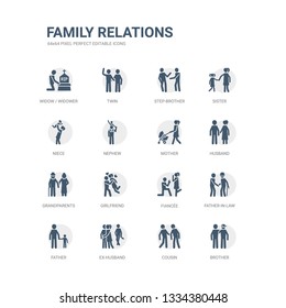 simple set of icons such as brother, cousin, ex-husband, father, father-in-law, fiance, girlfriend, grandparents, husband, mother. related family relations icons collection. editable 64x64 pixel