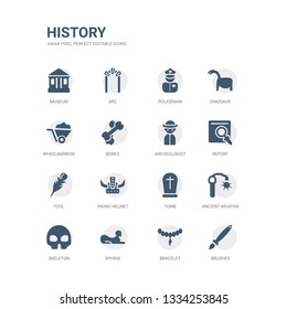 simple set of icons such as brushes, bracelet, sphinx, skeleton, ancient weapon, tomb, viking helmet, tool, report, archeologist. related history icons collection. editable 64x64 pixel perfect.