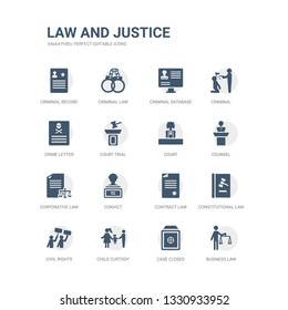 simple set of icons such as business law, case closed, child custody, civil rights, constitutional law, contract law, convict, corporative counsel, court. related and justice icons collection.