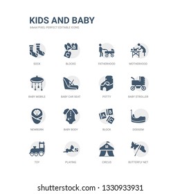 simple set of icons such as butterfly net, circus, playing, toy, dodgem, block, baby body, newborn, baby stroller, potty. related kids and baby icons collection. editable 64x64 pixel perfect.