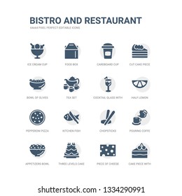 simple set of icons such as cake piece with cream, piece of cheese, three levels cake, appetizers bowl, pouring coffe, chopsticks, kitchen fish, pepperoni pizza, half lemon, cocktail glass with ice
