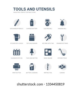 simple set of icons such as candies, writing tool, battery charging status, print button, kitchen tools, basic square, tack save button, calendar with six days, spanner settings button, key ring