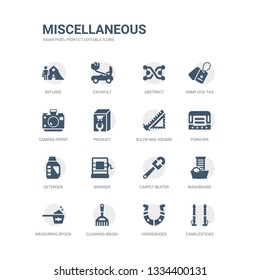 simple set of icons such as candlesticks, horseshoes, cleaning brush, measuring spoon, washboard, carpet beater, wringer, detergen, puncher, ruler and square measuring tools. related miscellaneous