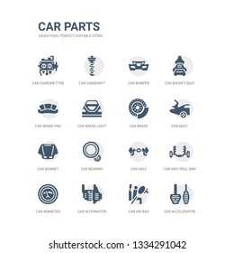 simple set of icons such as car accelerator, car air bag, car alternator, ammeter, anti-roll bar, axle, bearing, bonnet, boot, brake. related parts icons collection. editable 64x64 pixel perfect.
