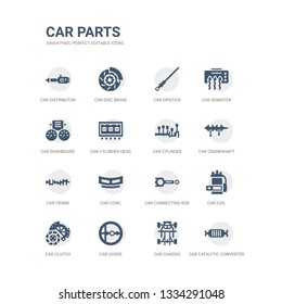 simple set of icons such as car catalytic converter, car chassis, car choke, clutch, coil, connecting rod, cowl, crank, crankshaft, cylinder. related parts icons collection. editable 64x64 pixel