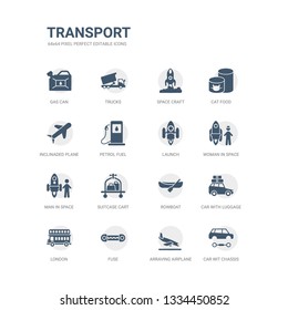 simple set of icons such as car wit chassis, arraving airplane, fuse, london, car with luggage, rowboat, suitcase cart, man in space, woman in space, launch. related transport icons collection.