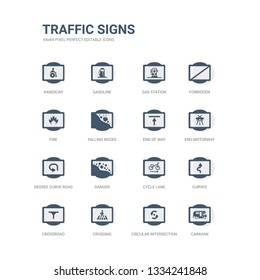 simple set of icons such as caravan, circular intersection, crossing, crossroad, curves, cycle lane, danger, degree curve road, end motorway, end of way. related traffic signs icons collection.