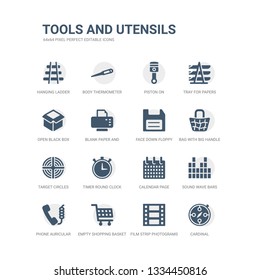 simple set of icons such as cardinal, film strip photograms, empty shopping basket, phone auricular with cable, sound wave bars, calendar page, timer round clock, target circles, bag with big