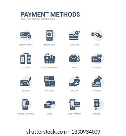 simple set of icons such as cashier, web payment, card, online shopping, payment, dollar, cut card, cheque, voucher, trade. related payment methods icons collection. editable 64x64 pixel perfect.