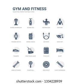 simple set of icons such as chest expanders, iron shoot, power ball, arms extender, sleep, to do list, vegetables juice, trainers, good diet, skip rope. related gym and fitness icons collection.