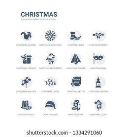 einfache Icons wie z.B. Christuhr, Weihnachtsmädchen, Weihnachtsmütze, Gelee, Laterne, Brief, Licht, Briefkasten, Maske, Origami. Sammlung verwandter Symbole. editierbare 64x64 Pixel perfekt.