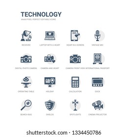 simple set of icons such as cinema projector, spotlights, shields, search bug, dock, calculation, holiday, operating table, international passport, camera front view. related technology icons