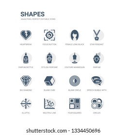 simple set of icons such as circles, four squares, multiple line, elliptic, speech bubble with ellipsis, blank circle, blank cube, big diamond, parfum, couture mannequin. related shapes icons