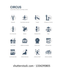 simple set of icons such as circus sawing, circus stunt, circus walrus, claw machine, decoration, magic ball, merry go round, pop corn, ride, ringmaster. related icons collection. editable 64x64