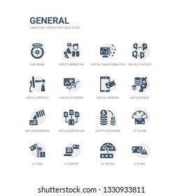 simple set of icons such as cit limit, cit rating, cit report, risk, score, crypto-exchange, data aggregation, data engineering, data science, digital banking. related general icons collection.