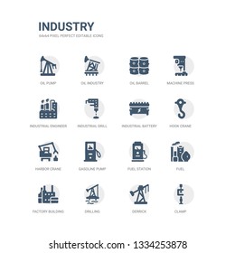 simple set of icons such as clamp, derrick, drilling, factory building, fuel, fuel station, gasoline pump, harbor crane, hook crane, industrial battery. related industry icons collection. editable