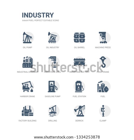 simple set of icons such as clamp, derrick, drilling, factory building, fuel, fuel station, gasoline pump, harbor crane, hook crane, industrial battery. related industry icons collection. editable