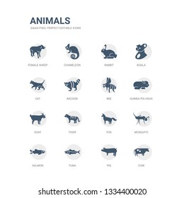 simple set of icons such as cow, pig, tuna, salmon, mosquito, fox, tiger, goat, guinea pig heag, bee. related animals icons collection. editable 64x64 pixel perfect.