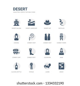 simple set of icons such as crack, lizard, fatigue, alcohol bottle, arab, cleopatra, cowboy boot, cowboy cart, cowboy tower, vest. related desert icons collection. editable 64x64 pixel perfect.