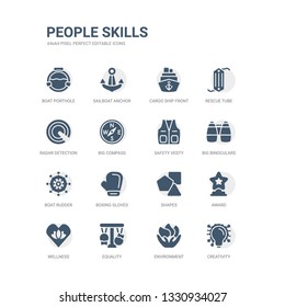 simple set of icons such as creativity, environment, equality, wellness, award, shapes, boxing gloves, boat rudder, big binoculars, safety vesty. related people skills icons collection. editable