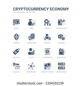 simple set of icons such as crypto records, currency circulate, decentralized, digital key, digital wallet, dollar reload, dollar, dollar tag, e-business, economist. related cryptocurrency economy