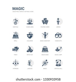 simple set of icons such as crystal ball, magic, juggler, hypnosis, magic lamp, magic book, witch hat, tarot, handcuffs, assistant. related icons collection. editable 64x64 pixel perfect.