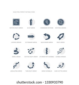 simple set of icons such as curly dotted arrow, swirly scribbled arrow, turn right arrow with broken line, undulating scribble broken line, up with scribble, rotated right with broken line, swirly