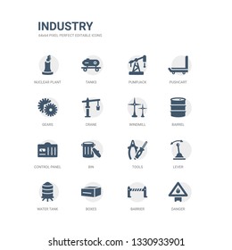 simple set of icons such as danger, barrier, boxes, water tank, lever, tools, bin, control panel, barrel, windmill. related industry icons collection. editable 64x64 pixel perfect.