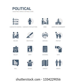 simple set of icons such as debate, leaflet, voting, poll, vote, checking, oath, ballot, protest, merging. related political icons collection. editable 64x64 pixel perfect.