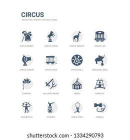 simple set of icons such as diabolo, aerial ring, acrobat, acrobatics, aerialist, arena, balloon sword, carnival, circus balance, circus ball. related circus icons collection. editable 64x64 pixel