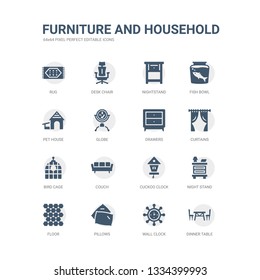 simple set of icons such as dinner table, wall clock, pillows, floor, night stand, cuckoo clock, couch, bird cage, curtains, drawers. related furniture and household icons collection. editable 64x64