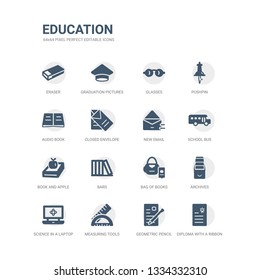 simple set of icons such as diploma with a ribbon, geometric pencil, measuring tools, science in a laptop, archives, bag of books, bars, book and apple, school bus, new email. related education