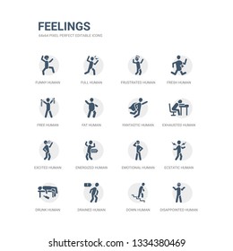 simple set of icons such as disappointed human, down human, drained human, drunk ecstatic emotional energized excited exhausted fantastic related feelings icons collection. editable 64x64 pixel