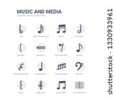 simple set of icons such as dotted barline, eighth note, treble clef, brace, bass clef, sixteenth note, quarter note, quarter rest, quaver, eight rest. related music and media icons collection.