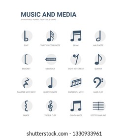 simple set of icons such as dotted barline, eighth note, treble clef, brace, bass clef, sixteenth note, quarter note, quarter rest, quaver, eight rest. related music and media icons collection.