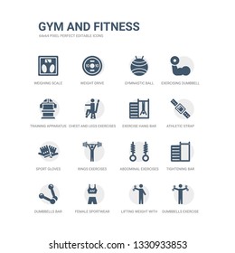 simple set of icons such as dumbbells exercise, lifting weight with right arm, female sportwear, dumbbells bar, tightening bar, abdominal exercises, rings exercises, sport gloves, athletic strap,