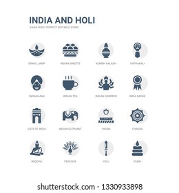 simple set of icons such as dung, holi, peacock, buddha, chakra, yagna, indian elephant, gate of india, india badge, indian goddess. related india and holi icons collection. editable 64x64 pixel