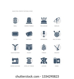 simple set of icons such as fabric, leather, spool of thread, sewing machine, crochet, thread, pocket, slide fastener, ball of wool, mannequin. related sew icons collection. editable 64x64 pixel