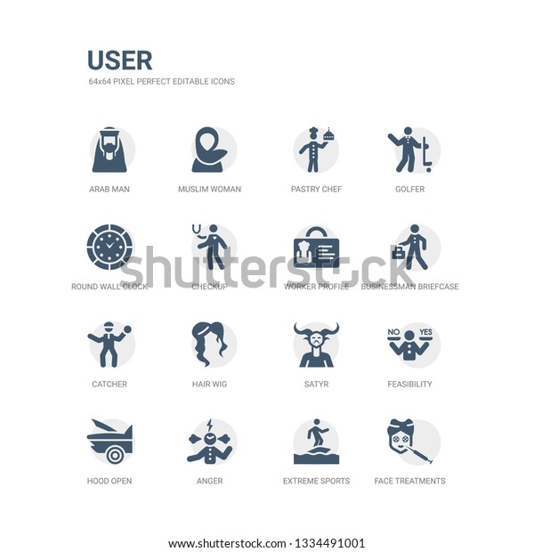simple set of icons such as face treatments,\
extreme sports, anger, hood open, feasibility, satyr, hair wig,\
catcher, businessman briefcase, worker profile. related user icons\
collection. editable