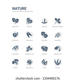 simple set of icons such as falcate, ovate, palmatelly, ginkgo, pedunculate, cordate, straberry leaf, pine needle, pinnation, reniform. related nature icons collection. editable 64x64 pixel perfect.