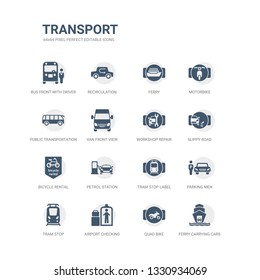 simple set of icons such as ferry carrying cars, quad bike, airport checking, tram stop, parking men, tram stop label, petrol station, bicycle rental, slippy road, workshop repair. related transport