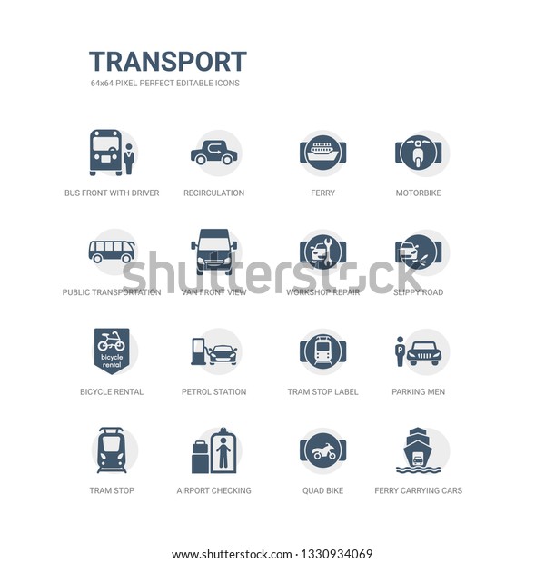 simple set of icons such as ferry carrying\
cars, quad bike, airport checking, tram stop, parking men, tram\
stop label, petrol station, bicycle rental, slippy road, workshop\
repair. related\
transport