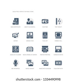 simple set of icons such as film strip with a triangle inside, image with shadow interface, image variant, mic interface, screen in white, printer printing squares, book opened at center, image of a