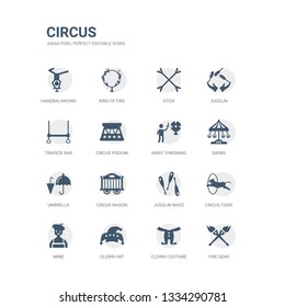 simple set of icons such as fire gear, clown costume, clown hat, mime, circus tiger, jugglin mace, circus wagon, umbrella, swing, knife throwing. related circus icons collection. editable 64x64
