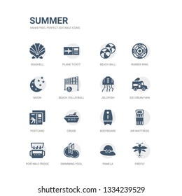 simple set of icons such as firefly, pamela, swimming pool, portable fridge, air mattress, bodyboard, cruise, postcard, ice cream van, jellyfish. related summer icons collection. editable 64x64