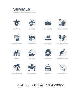 simple set of icons such as fish and hook, funicular, hotel hanging, island with palm trees, jumping dolphin, life guard, lime juice, ocean, pair of flip flops, pamela hat. related summer icons