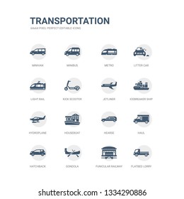 simple set of icons such as flatbed lorry, funicular railway, gondola, hatchback, haul, hearse, houseboat, hydroplane, icebreaker ship, jetliner. related transportation icons collection. editable